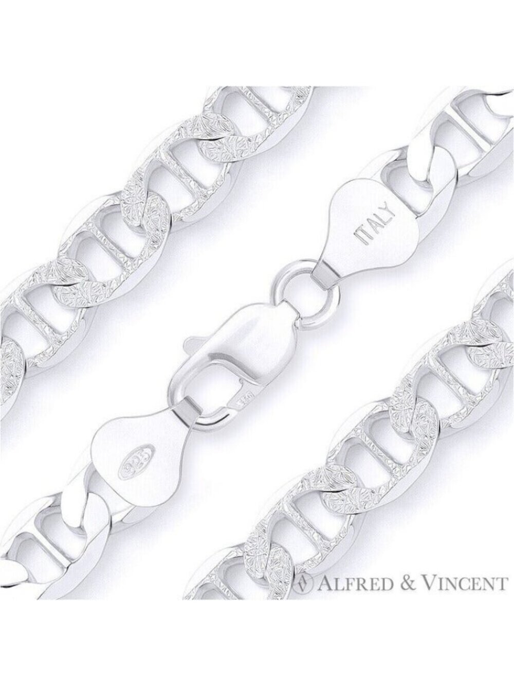 10mm Marina / Mariner Pave Link Chain Bracelet in .925 Sterling Silver - 7"